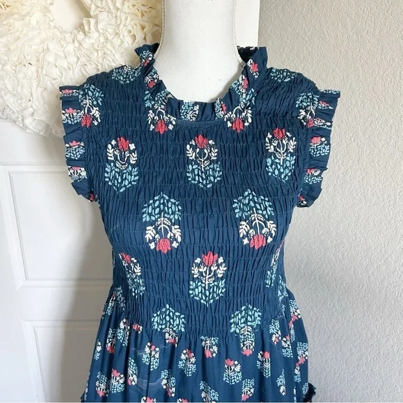 Ward Smocked Block Print Midi Dress Mud Pie Size S Navy - Picture 5 of 10